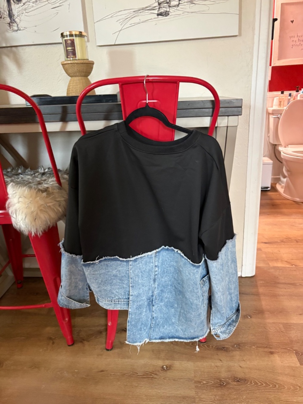 NWOT - Edgy Reworked Style Asymmetric Denim Patchwork Pullover - Fits XL - Picture 8 of 13